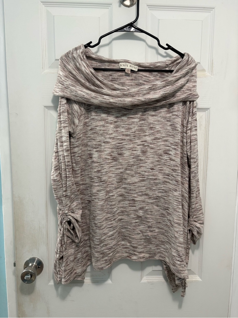 Knox Rose Cream-Taupe Marled Off-Shoulder Tie-Sleeve Sweater